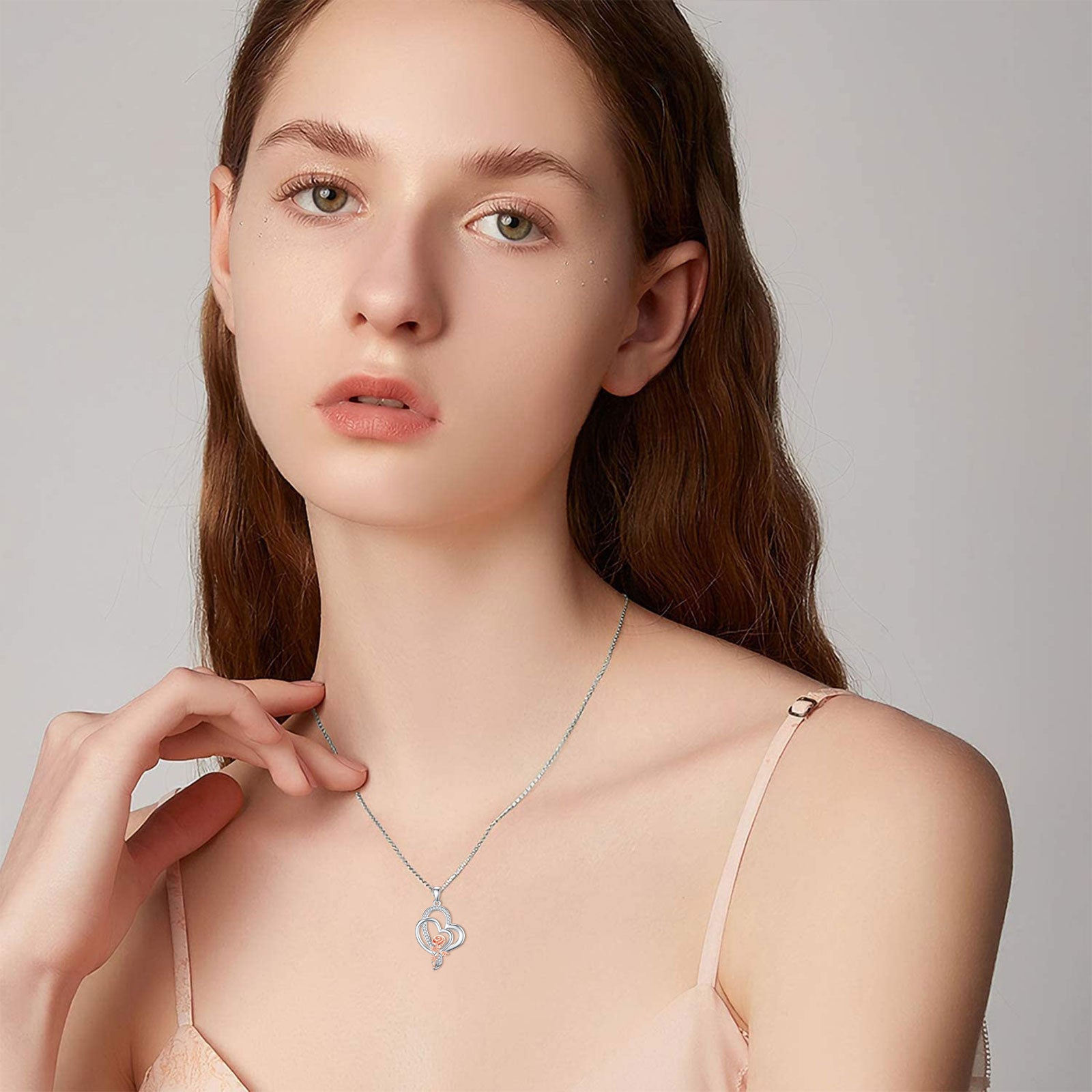 Sterling Silver Two-tone Round Diamond Rose Pendant Necklace