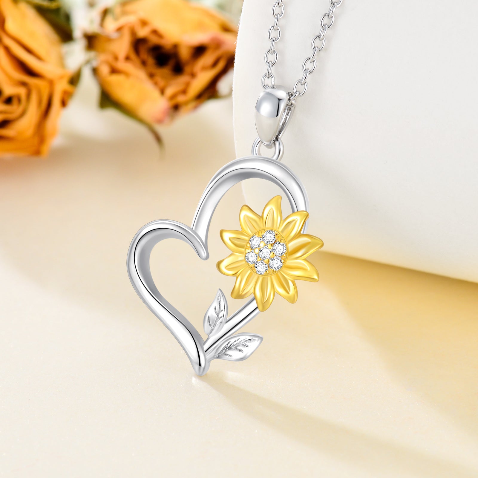 Sterling Silver Two-tone Round Diamond Sunflower & Heart Pendant Necklace