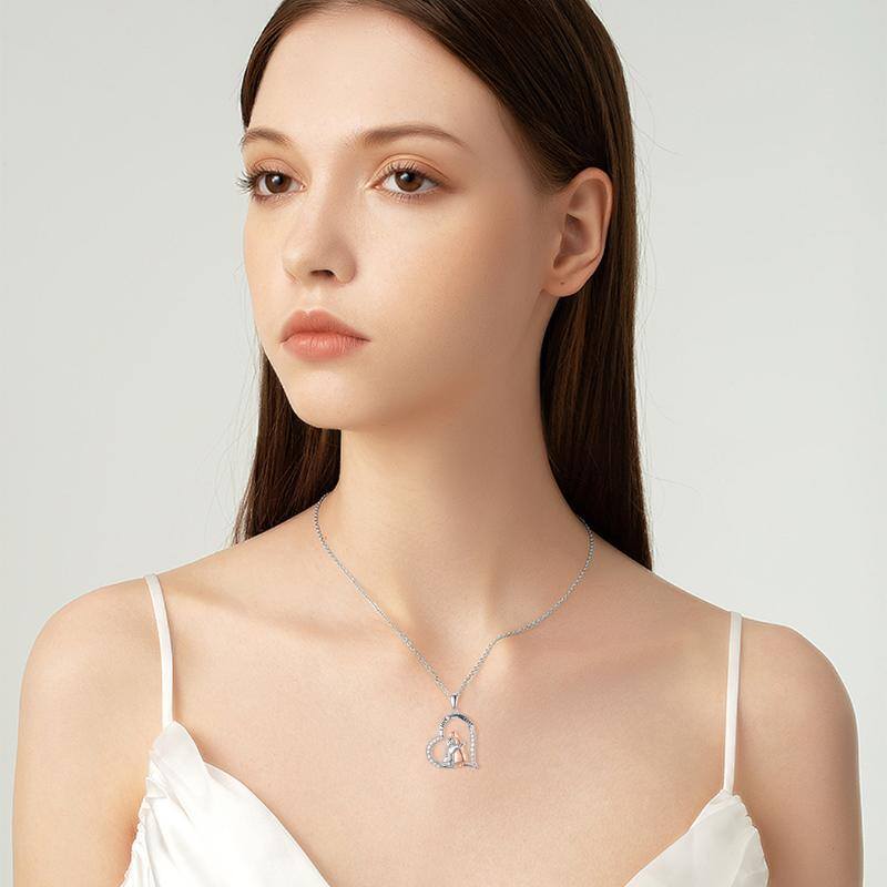 Sterling Silver Two-tone Round Cubic Zirconia Dog & Heart Pendant Necklace with Engraved Word