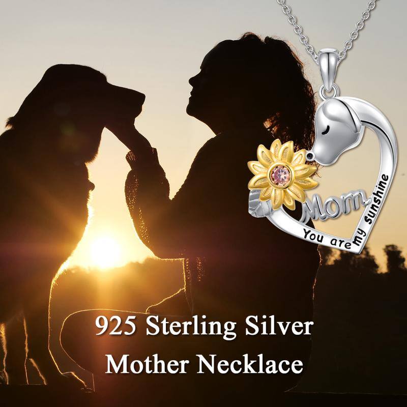 Sterling Silver Two-Tone Round Cubic Zirconia Dog & Sunflower Pendant Necklace For Mother