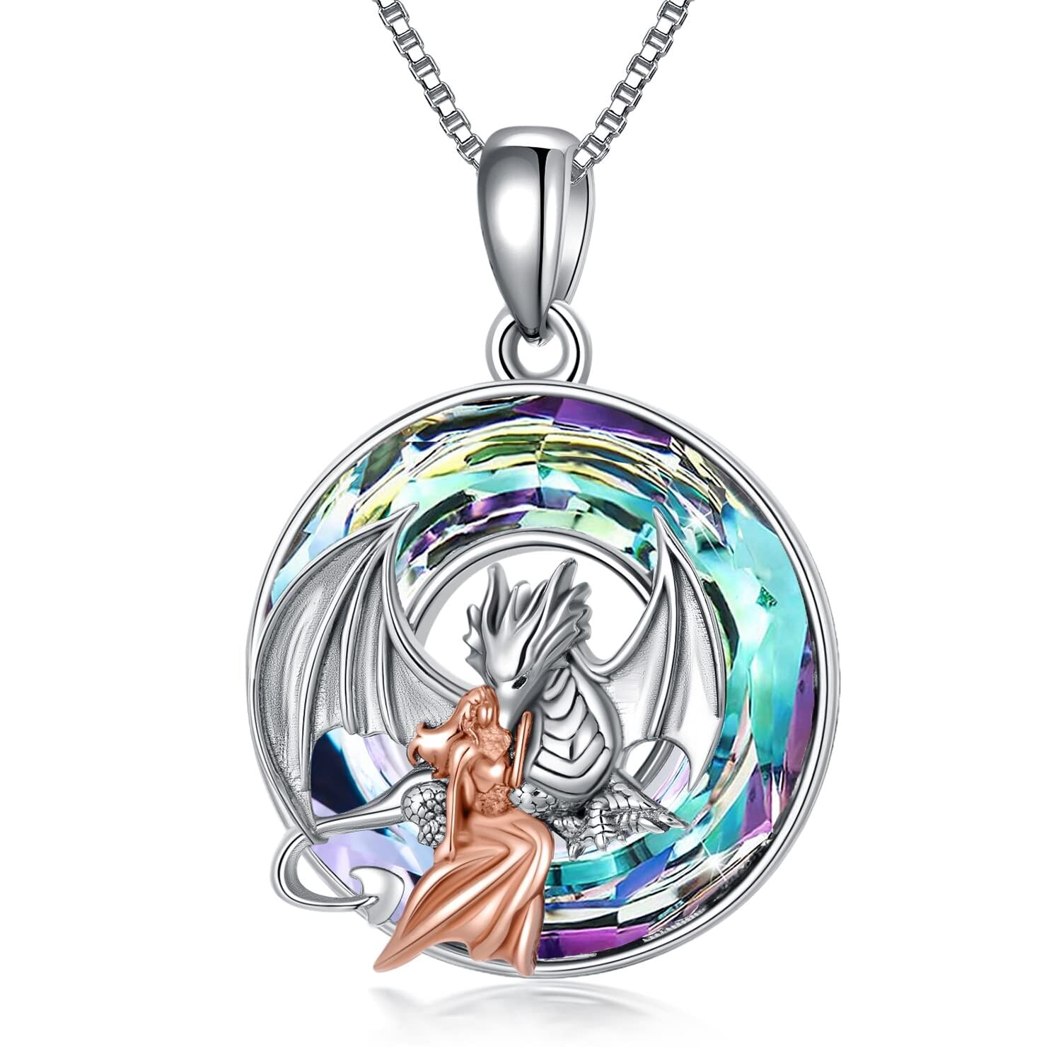 Sterling Silver Two-tone Round Dragon Crystal Pendant Necklace