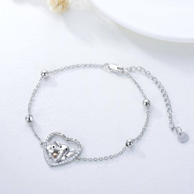 Sterling Silver Two-tone Round Elephant Charm Bracelet with Engraved Word