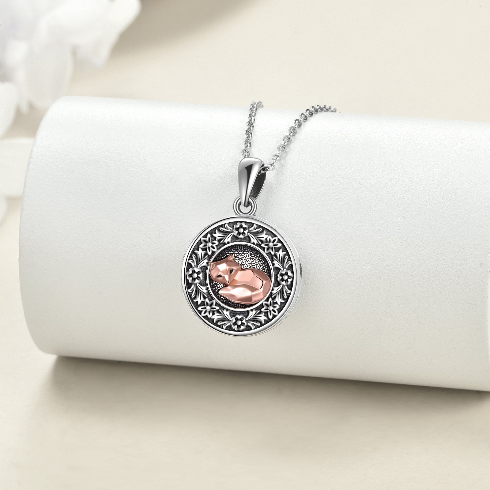 Sterling Silver Two-tone Round Fox Personalized Photo Locket Necklace