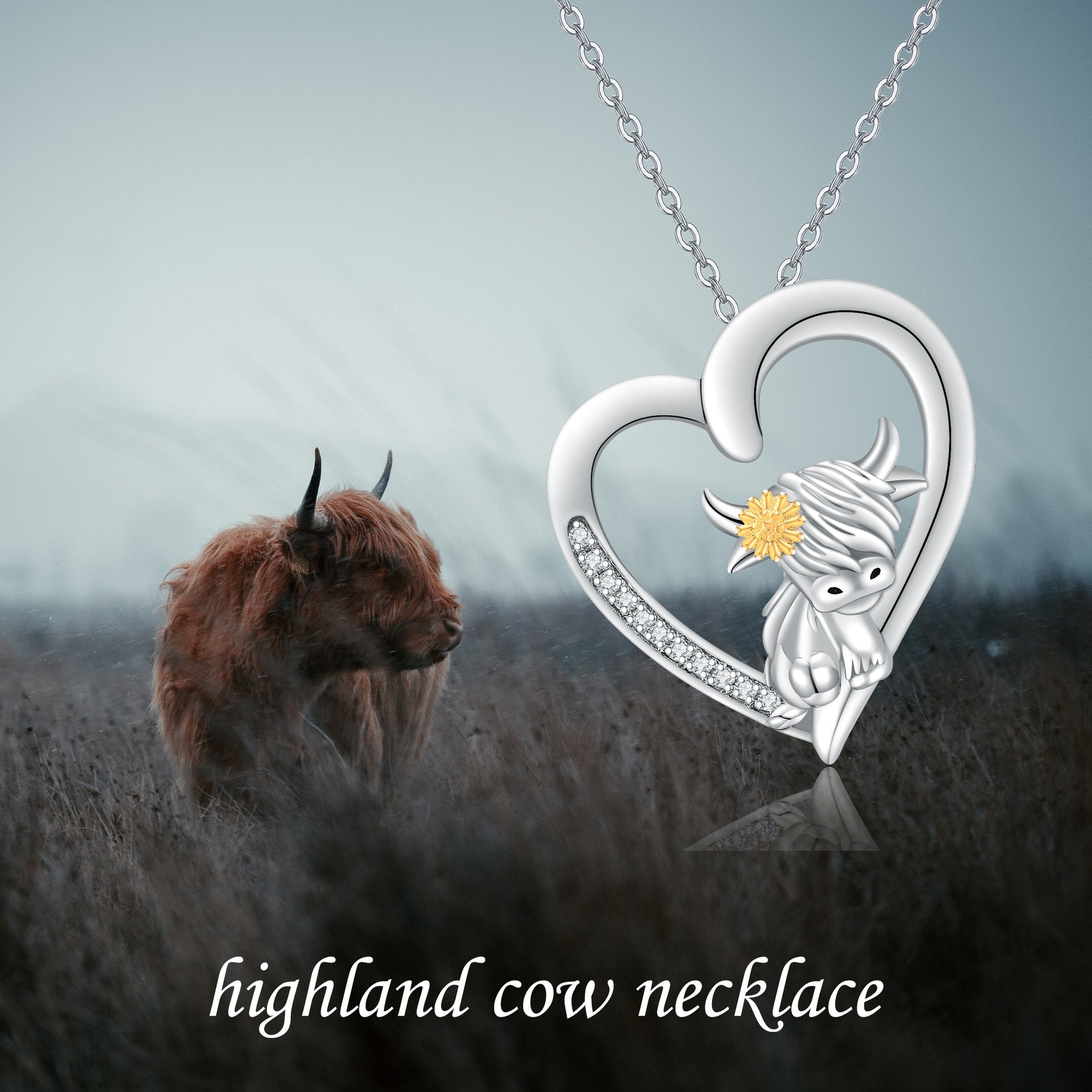 Sterling Silver Two-tone Round Cubic Zirconia Highland Cow & Heart Pendant Necklace