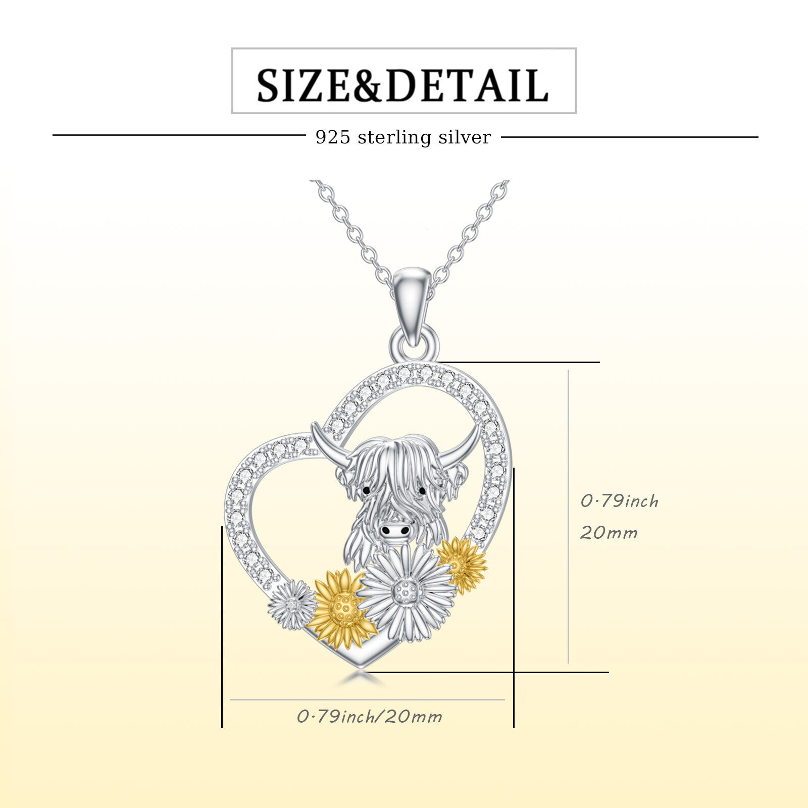 Sterling Silver Two-tone Round Cubic Zirconia Highland Cow & Sunflower & Heart Pendant Necklace