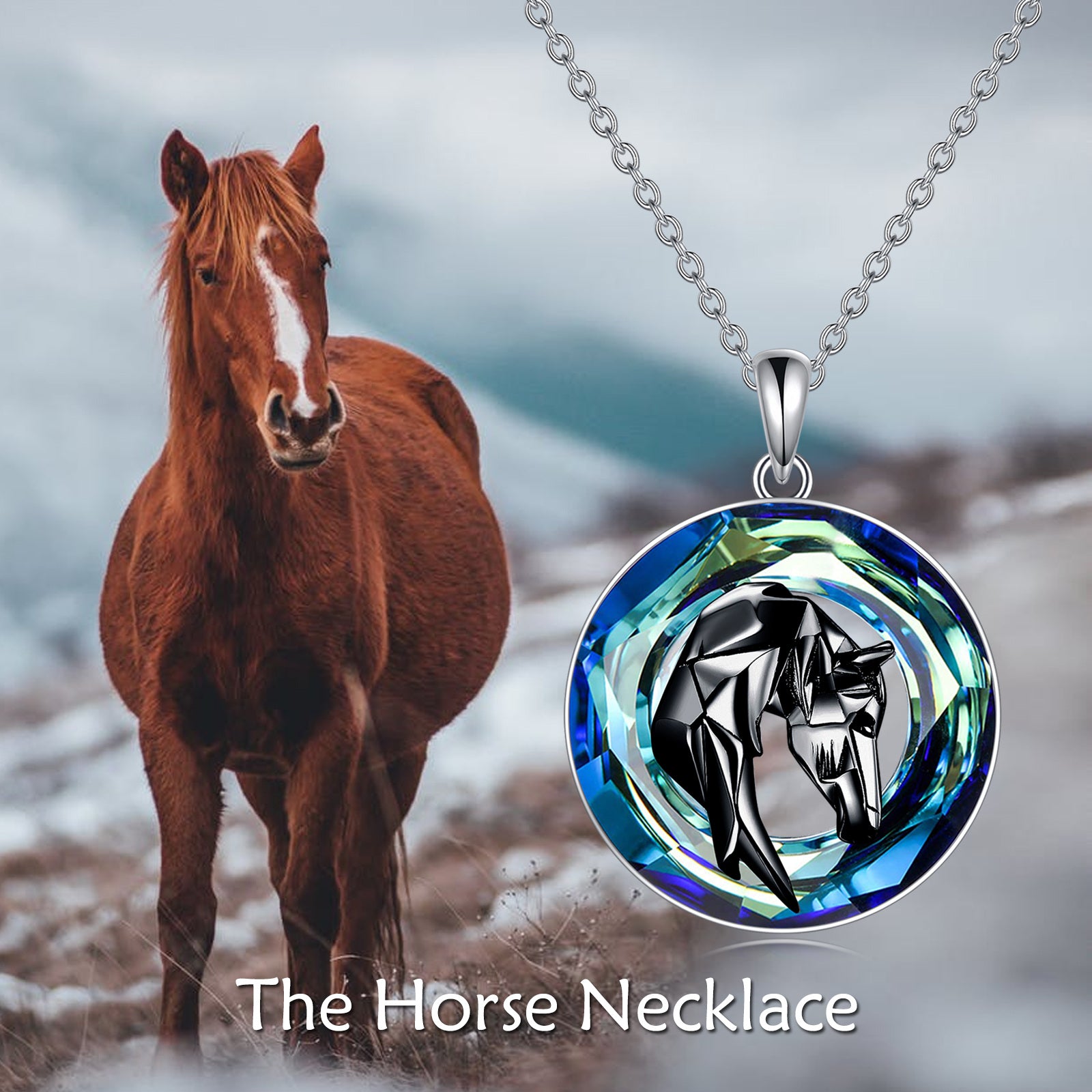 Sterling Silver Two-tone Round Horse Crystal Pendant Necklace