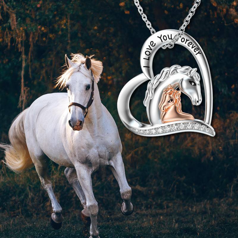 Sterling Silver Two-tone Round Cubic Zirconia Horse & Heart Pendant Necklace with Engraved Word