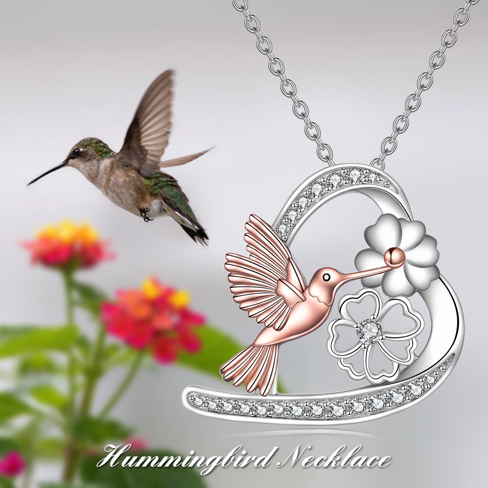 Sterling Silver Two-tone Round Cubic Zirconia Hummingbird & Heart Pendant Necklace