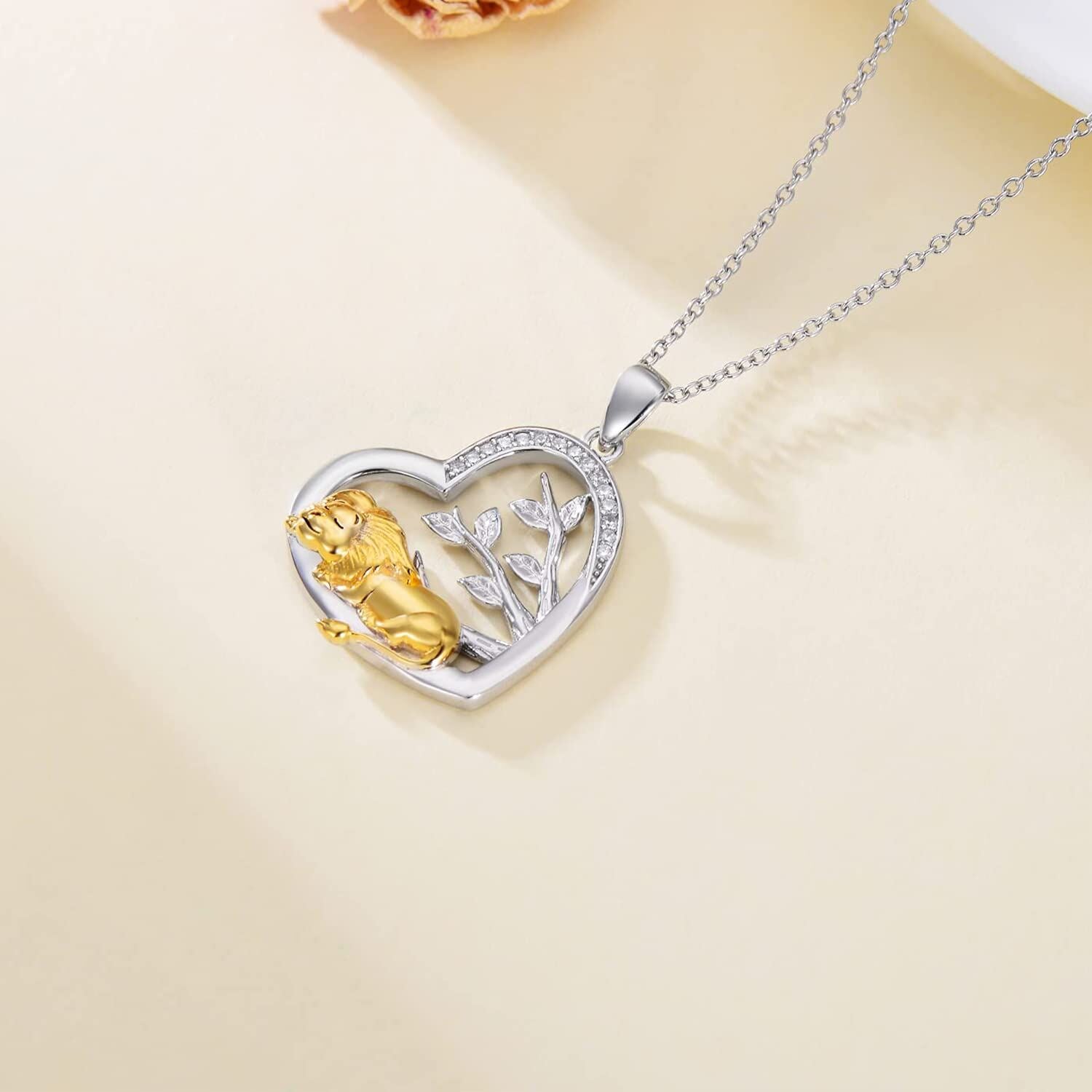Sterling Silver Two-tone Round Cubic Zirconia Lion & Heart Pendant Necklace