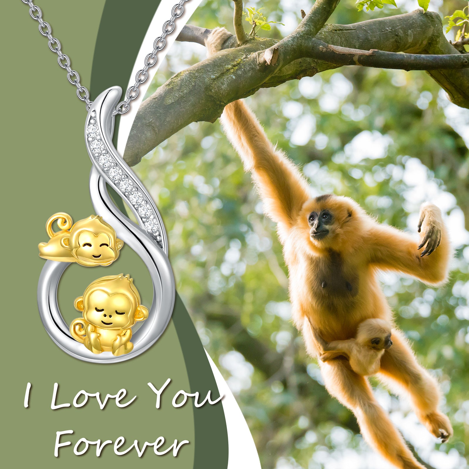 Sterling Silver Two-tone Round Cubic Zirconia Monkey Pendant Necklace