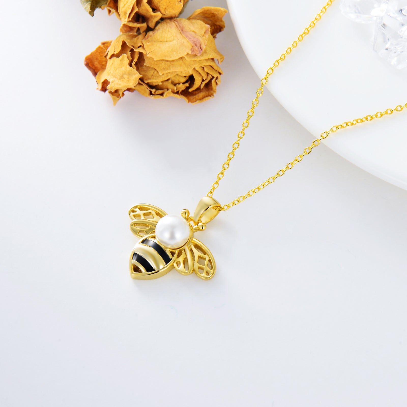 Sterling Silver Two-tone Round Pearl Bees Pendant Necklace