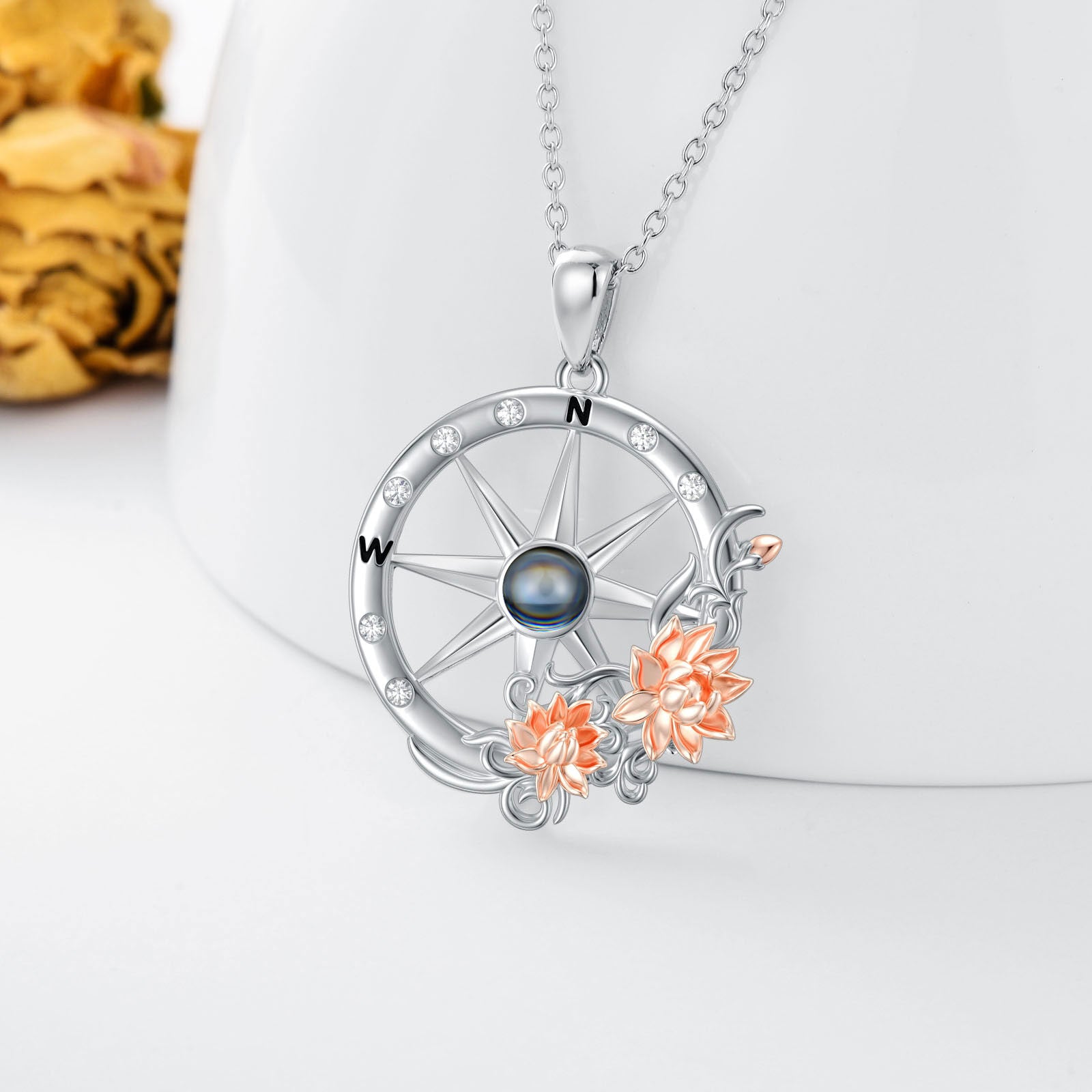 Sterling Silver Two-Tone Round Cubic Zirconia Projection Stone Lotus With Compass Pendant Necklace For Women
