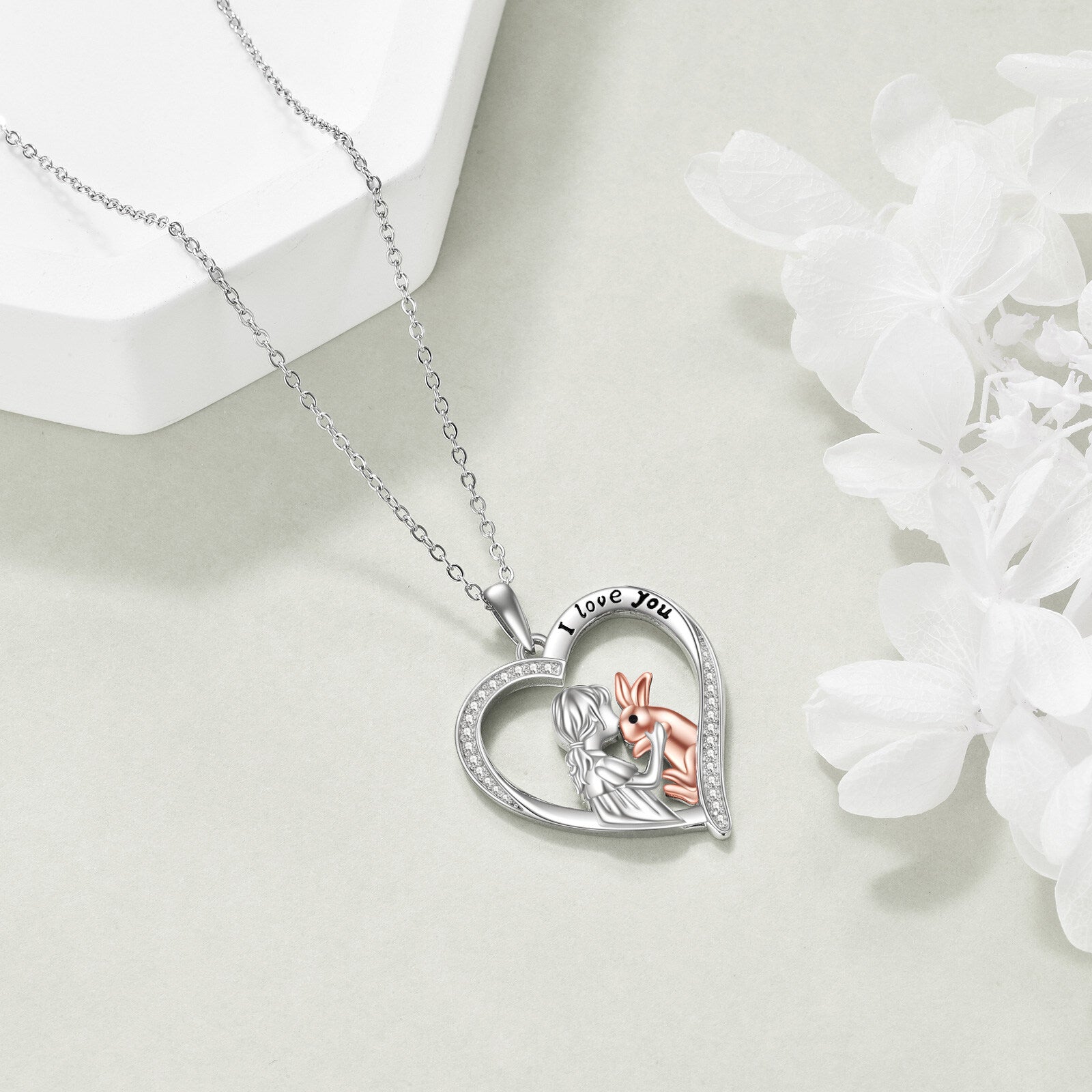 Sterling Silver Two-tone Round Cubic Zirconia Rabbit & Heart Pendant Necklace with Engraved Word