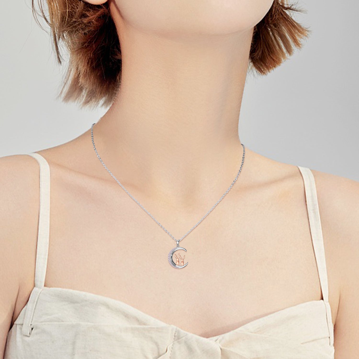 Sterling Silver Two-tone Round Cubic Zirconia Rabbit & Moon Pendant Necklace with Engraved Word