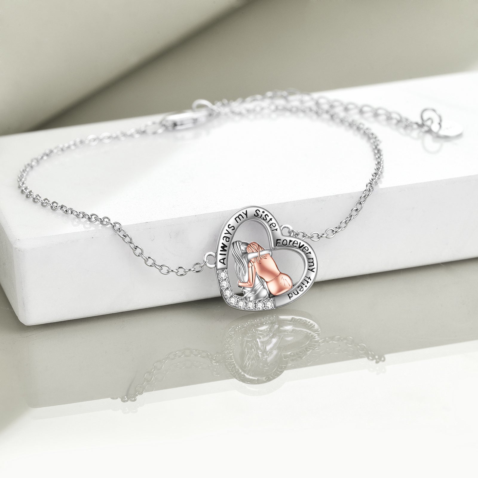 Sterling Silver Two-tone Round Cubic Zirconia Sisters & Heart Charm Bracelet with Engraved Word