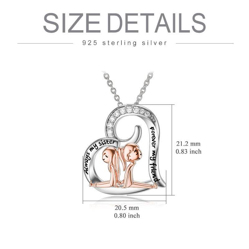 Sterling Silver Two-tone Round Cubic Zirconia Sisters & Heart Pendant Necklace with Engraved Word