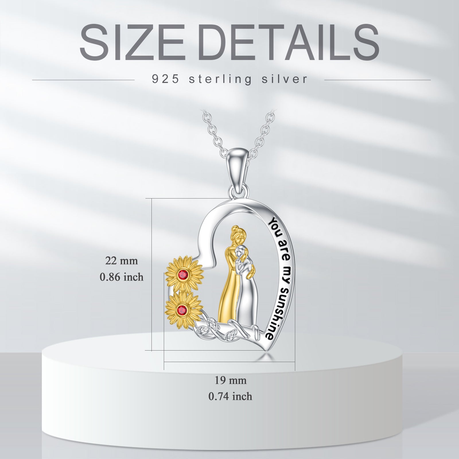 Sterling Silver Two-tone Round Cubic Zirconia Sunflower Mother & Daughter Heart Pendant Necklace with Engraved Word