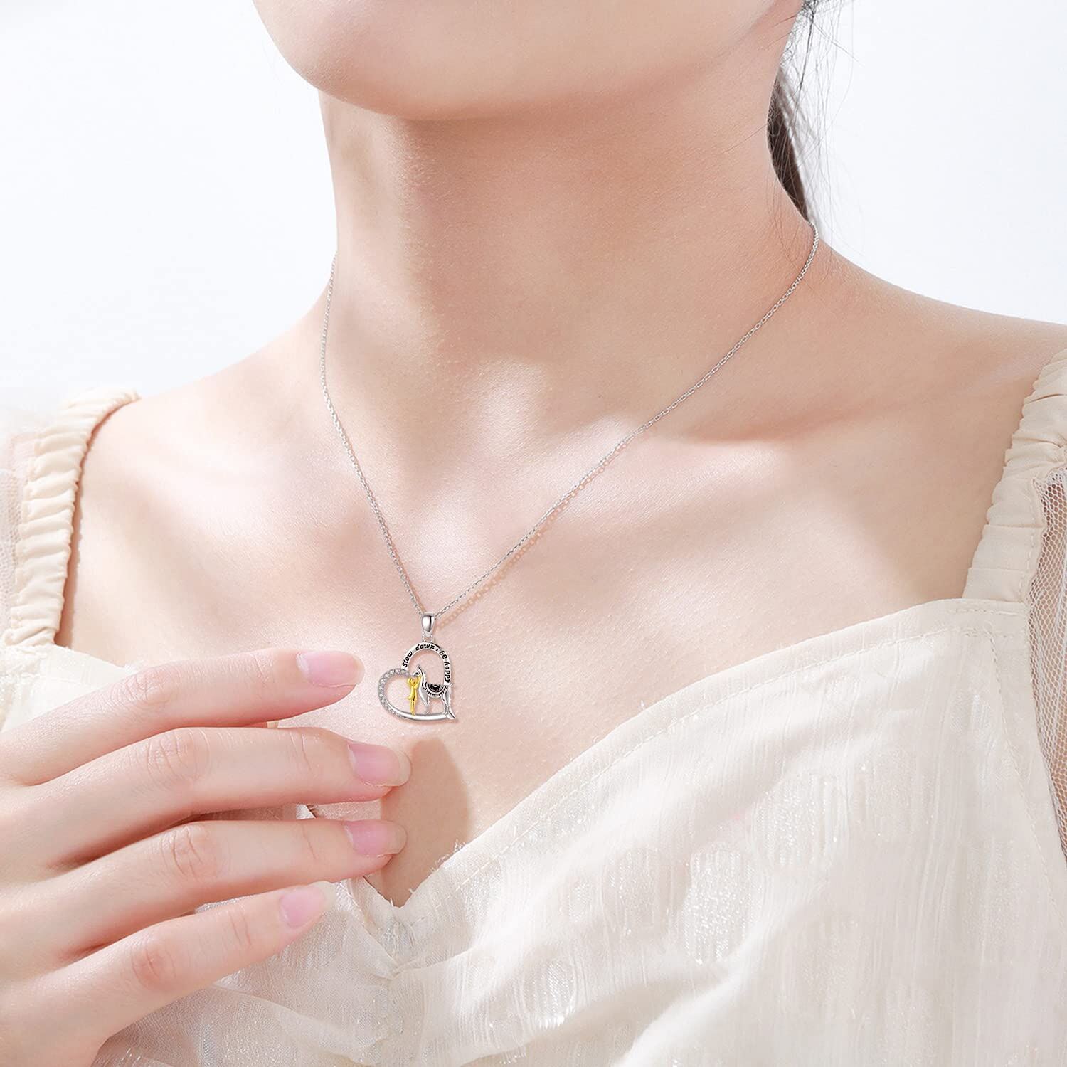 Sterling Silver Two-tone Round Zircon Alpaca & Heart Cable Chain Necklace