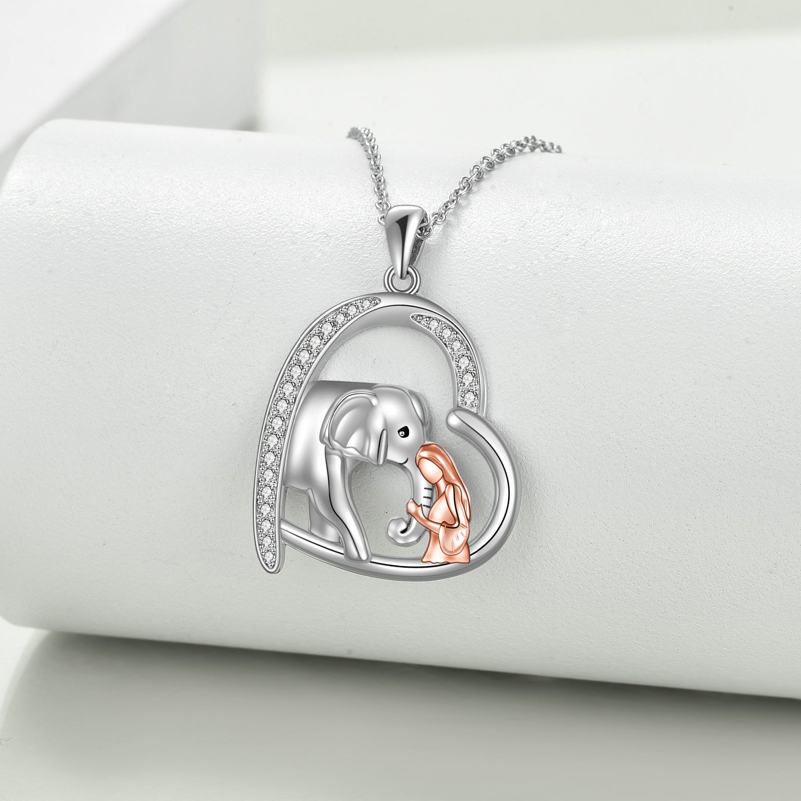 Sterling Silver Two-tone Round Zircon Elephant Pendant Necklace