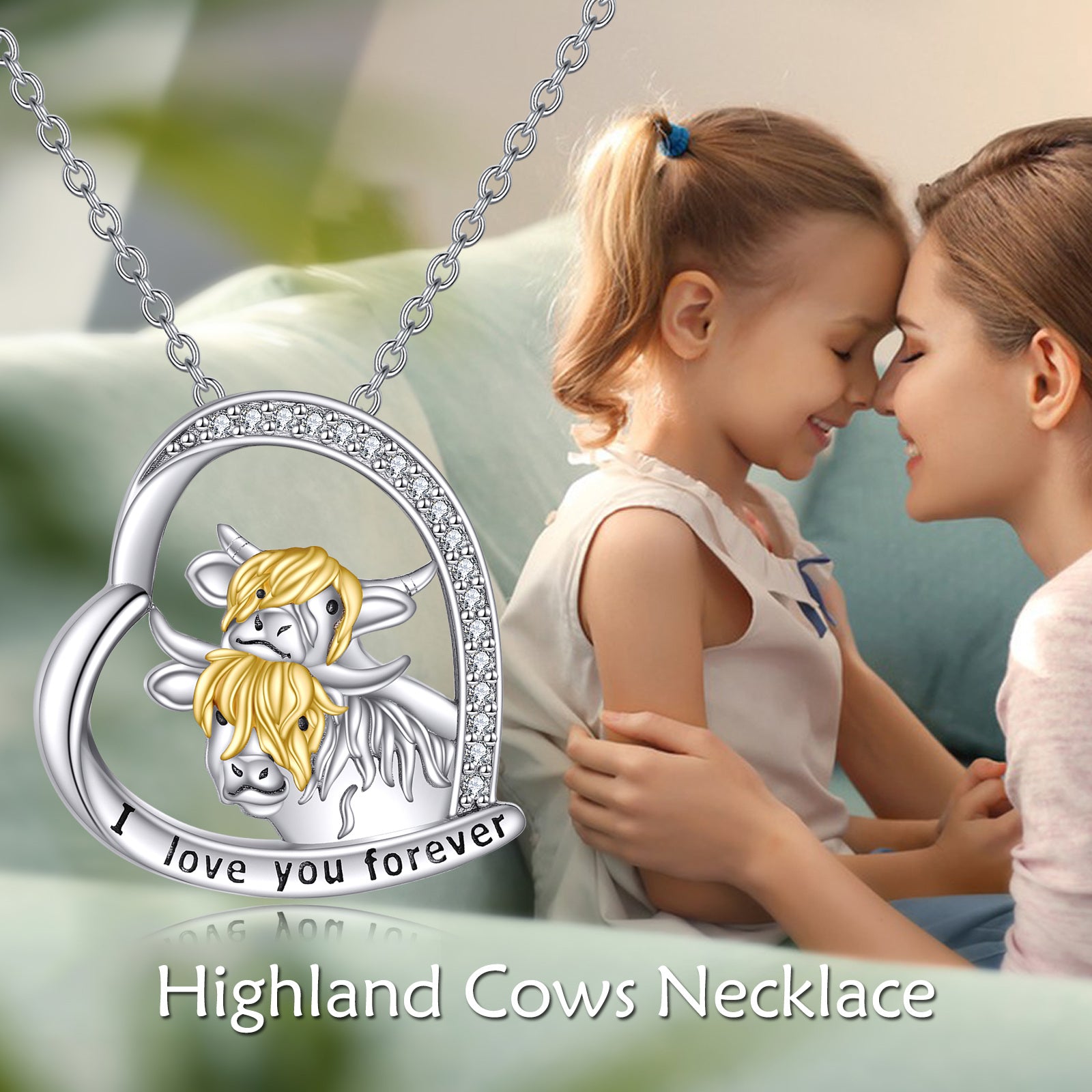 Sterling Silver Two-tone Round Zircon Highland Cow & Heart Pendant Necklace with Engraved Word