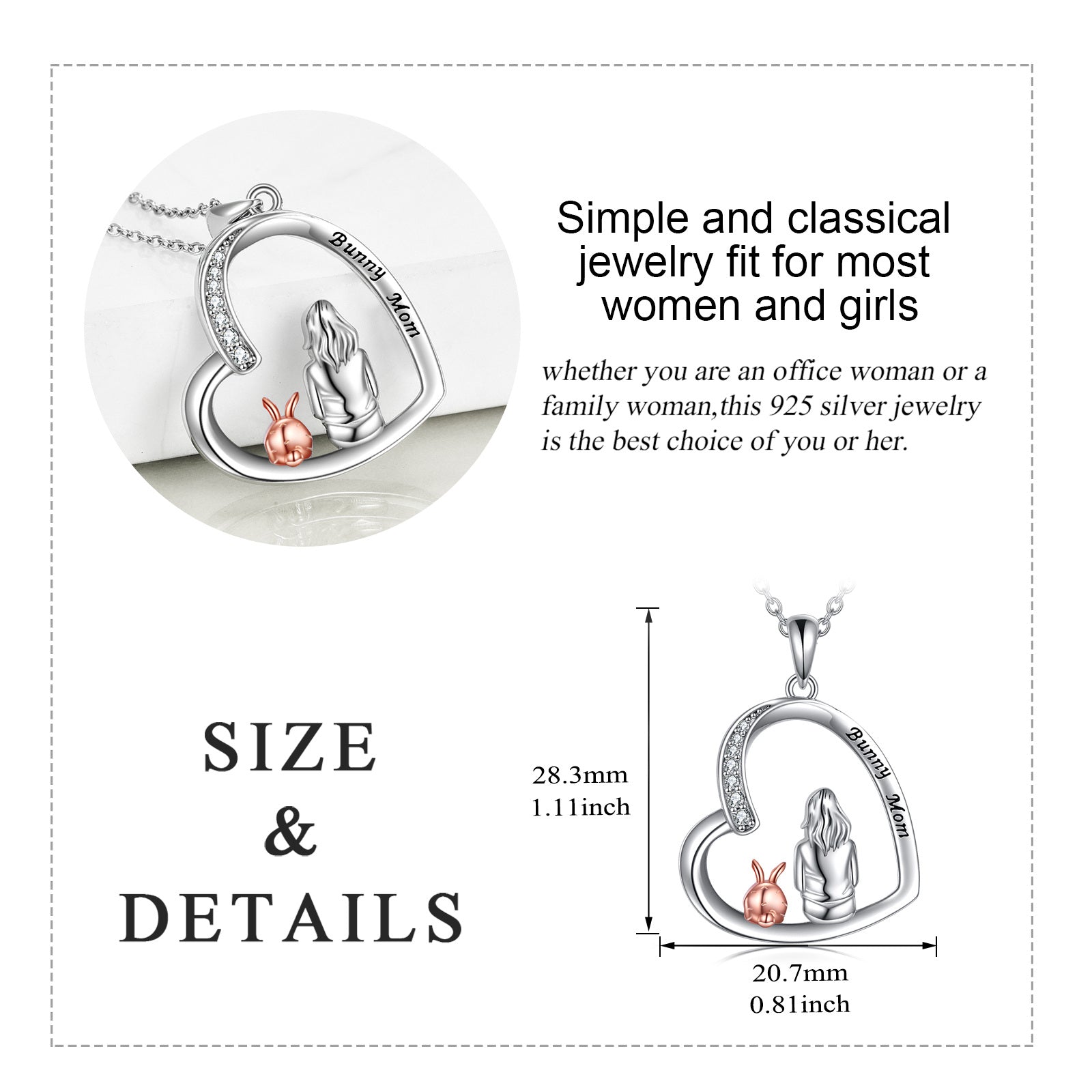 Sterling Silver Two-tone Round Zircon Rabbit Pendant Necklace with Engraved Word