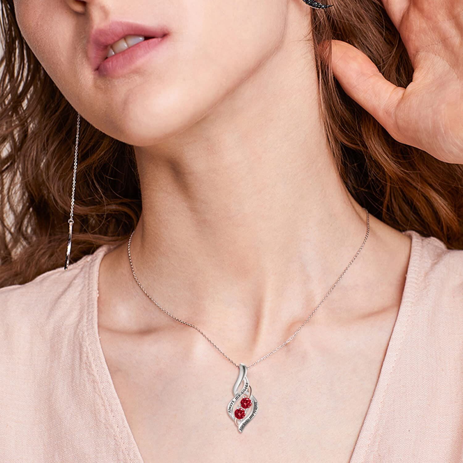 Sterling Silver Two-tone Round Zircon Sisters Pendant Necklace with Engraved Word