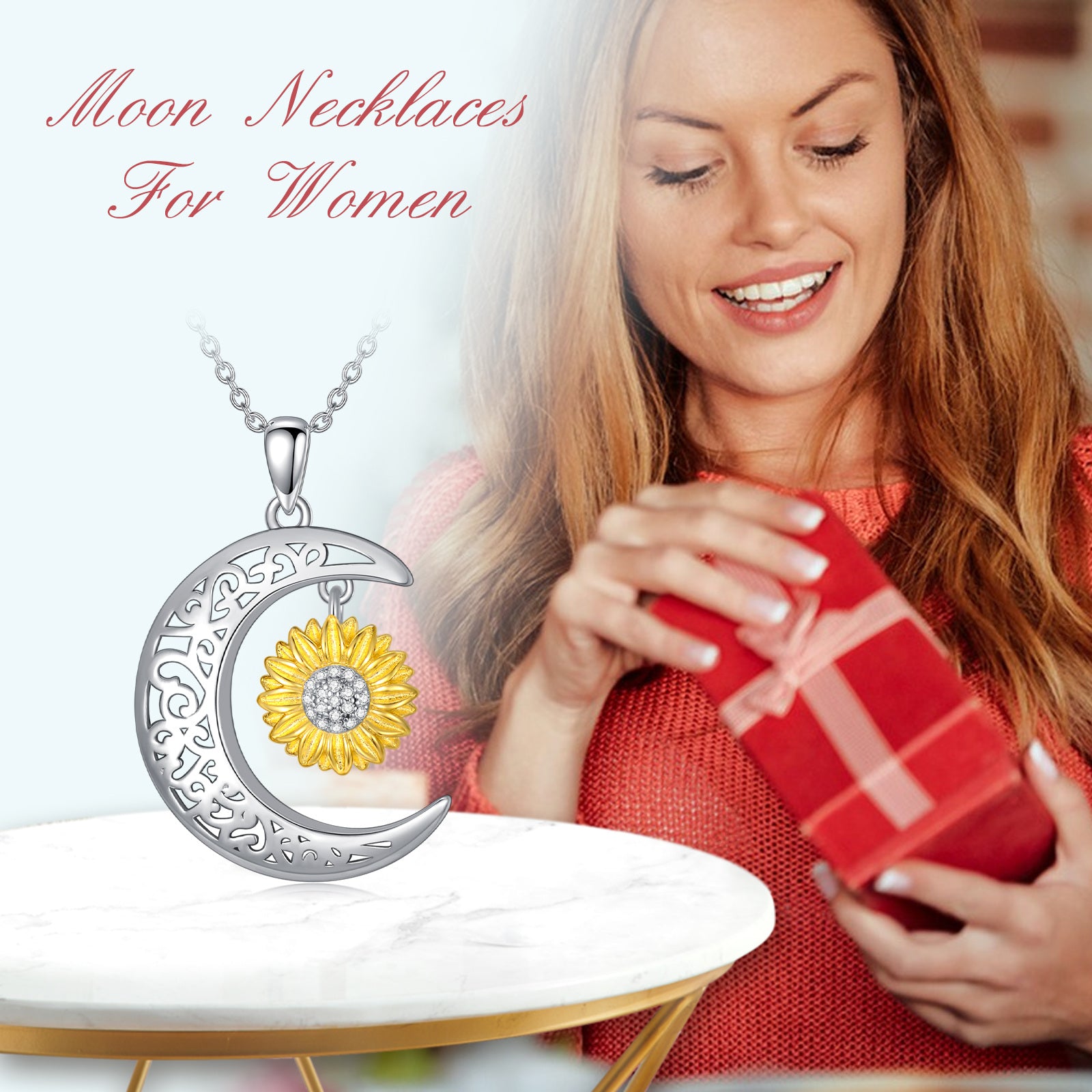 Sterling Silver Two-tone Round Zircon Sunflower & Moon Pendant Necklace