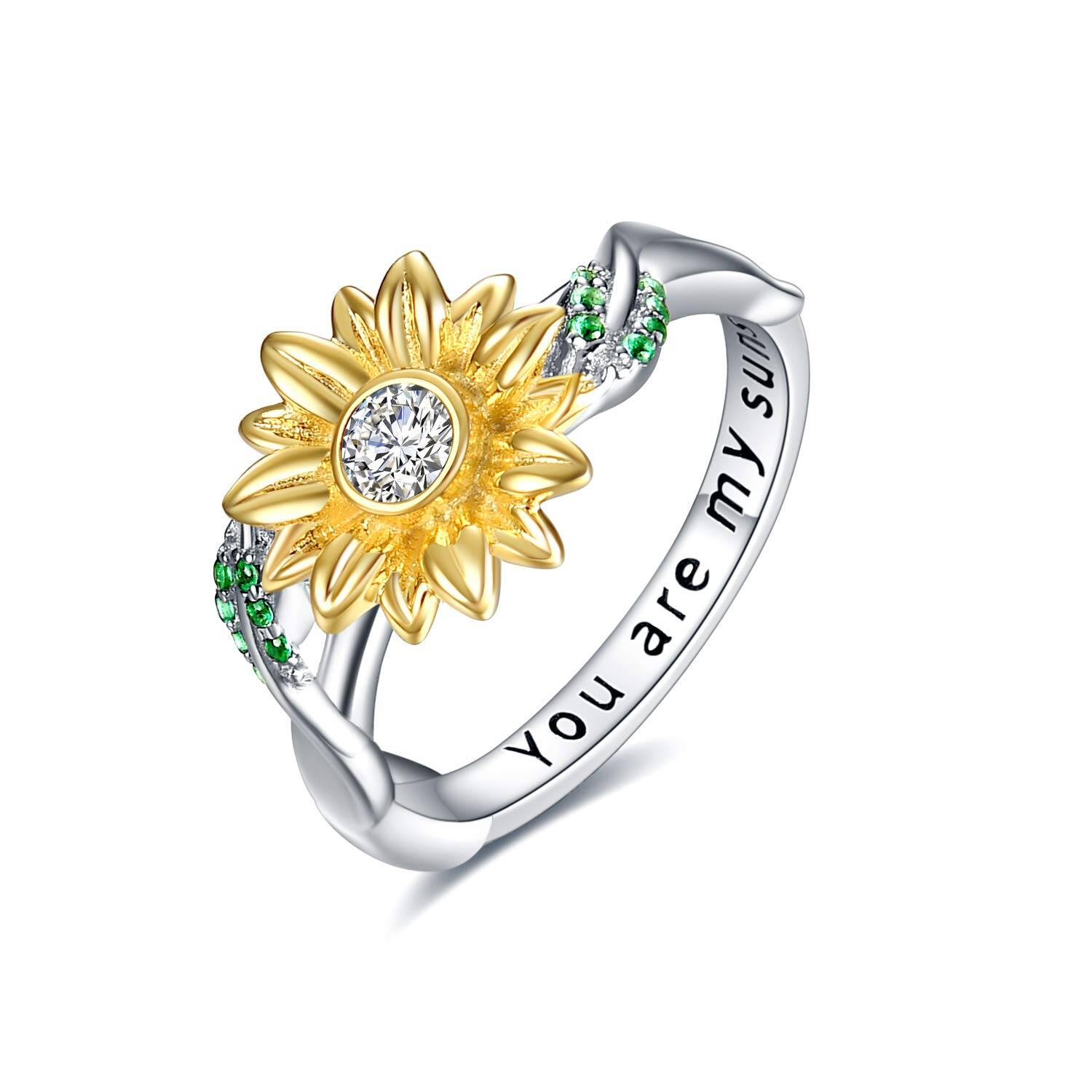 Sterling Silver Two-tone Round Shaped Cubic Zirconia Sunflower Ring with Engraved Word