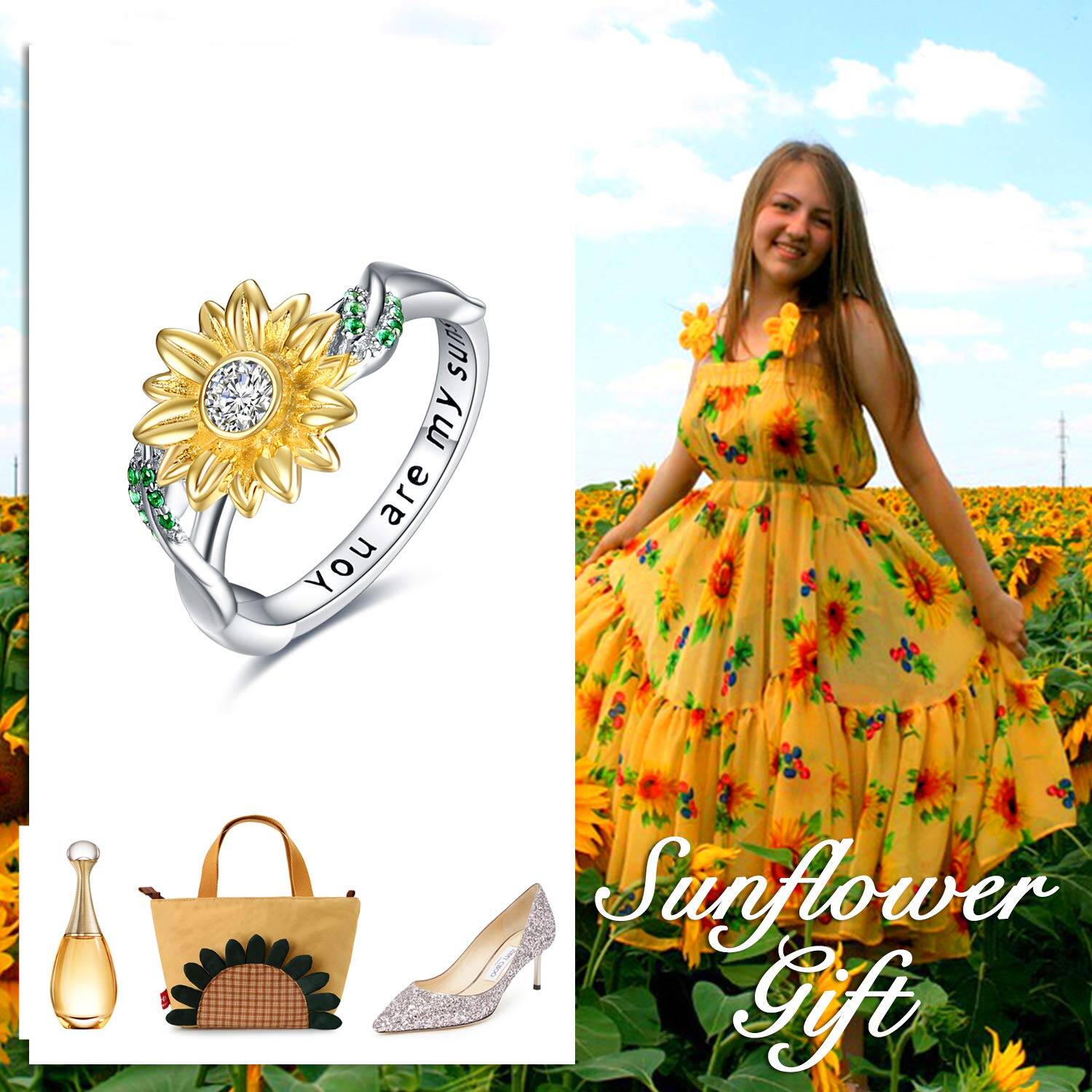 Sterling Silver Two-tone Round Shaped Cubic Zirconia Sunflower Ring with Engraved Word