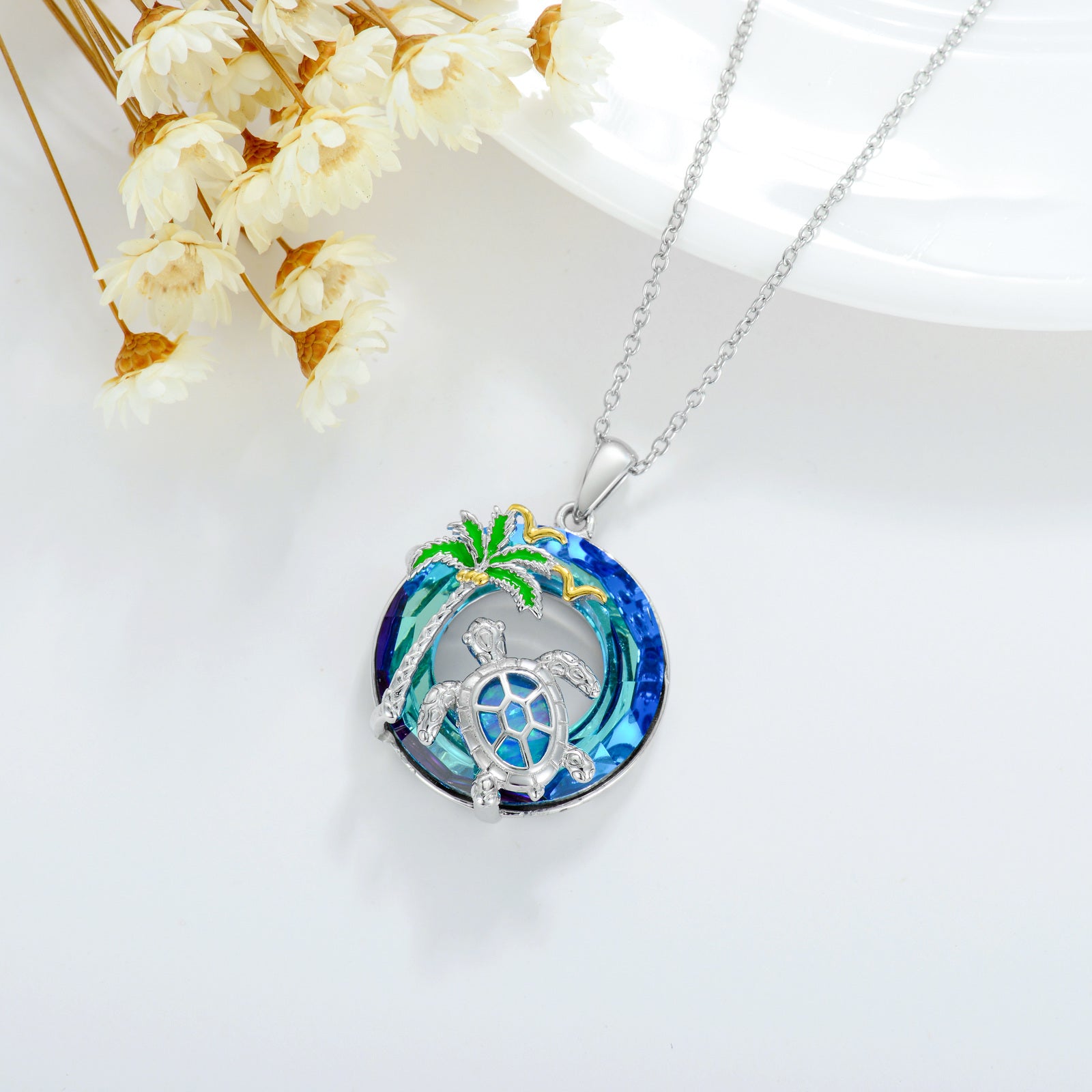 Sterling Silver Two-tone Sea Turtle & Coconut Tree Crystal Pendant Necklace