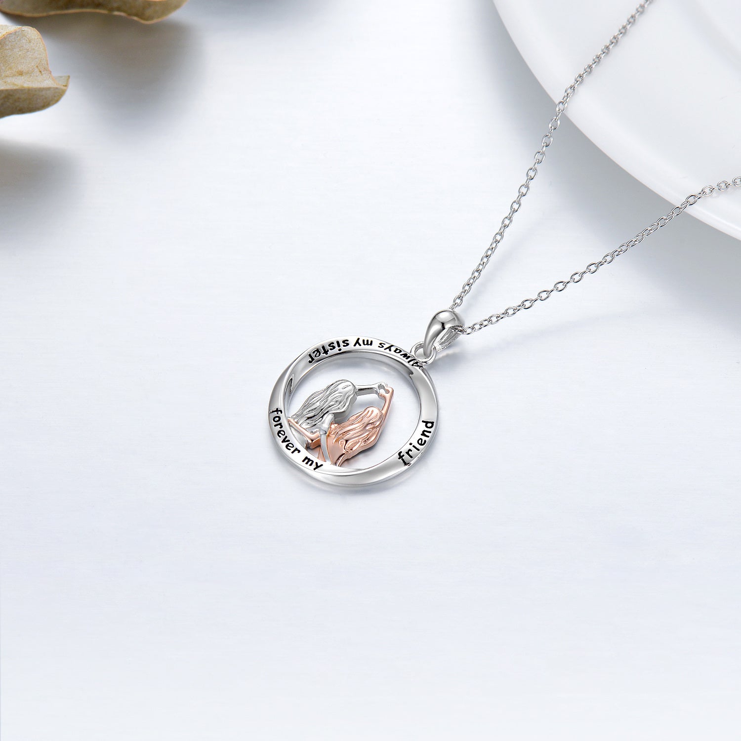 Sterling Silver Two-tone Sisters Pendant Necklace with Engraved Word