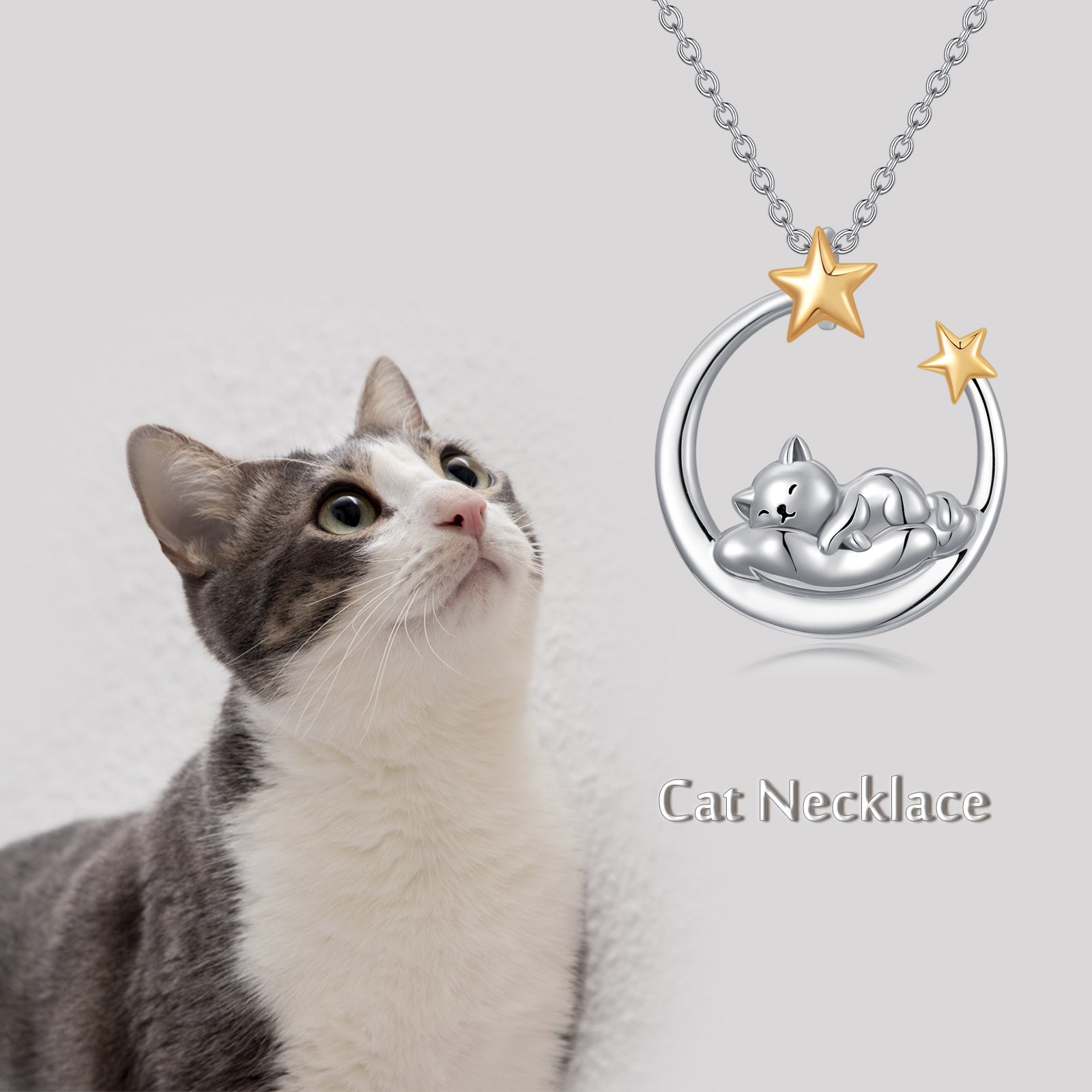 Sterling Silver Two-tone Sleeping Cat & Moon Pendant Necklace