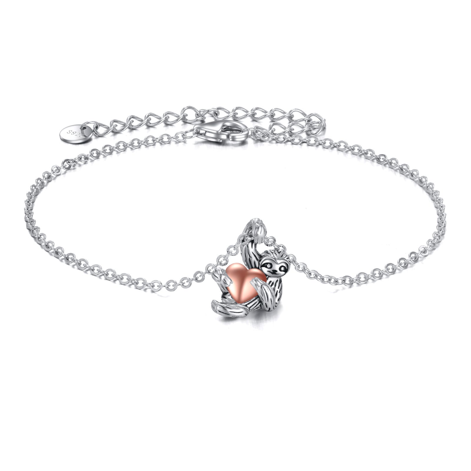 Sterling Silver Two-tone Sloth & Heart Charm Bracelet