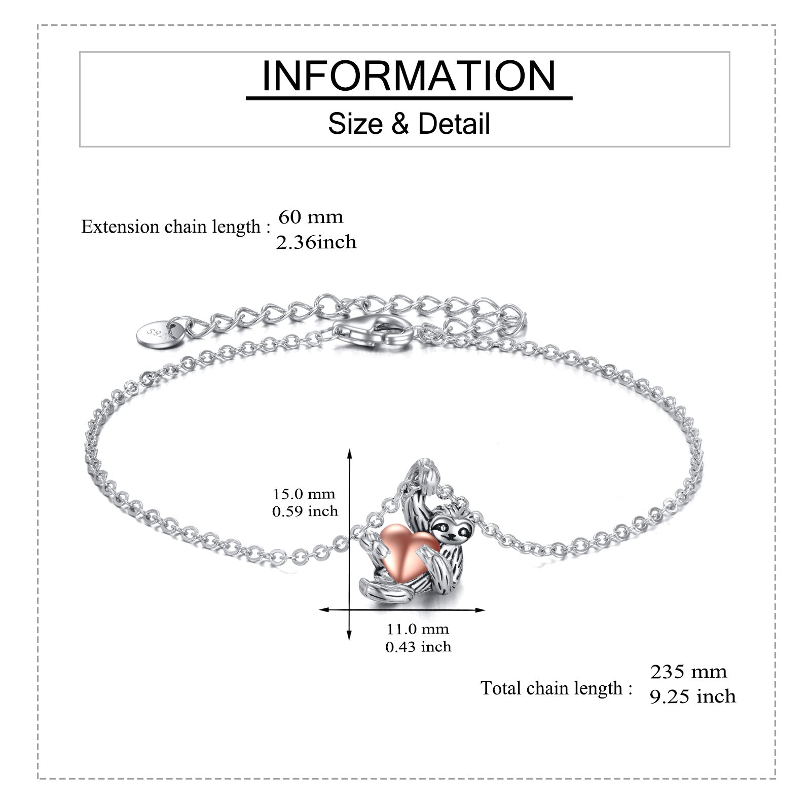 Sterling Silver Two-tone Sloth & Heart Charm Bracelet