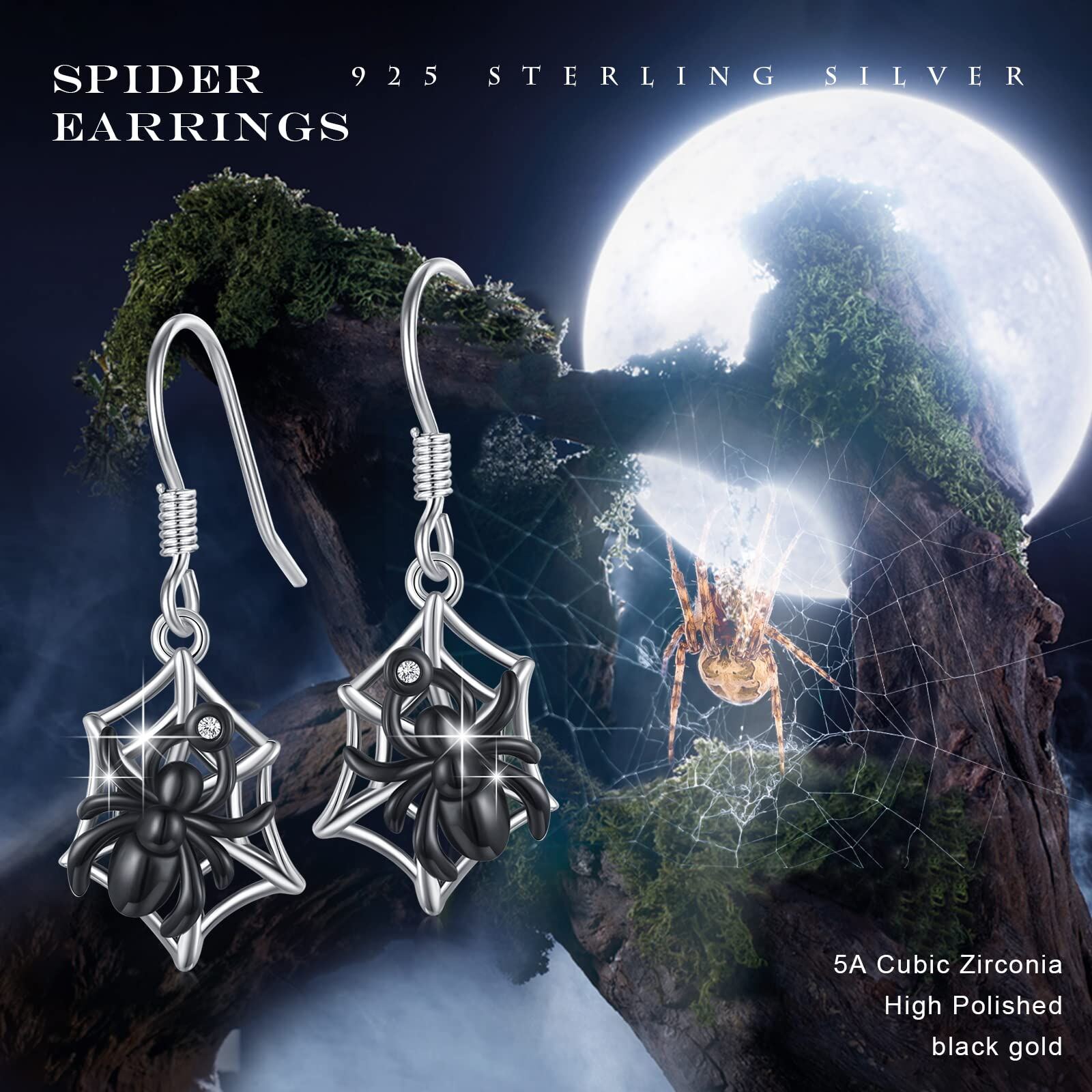 Sterling Silver Two-tone Cubic Zirconia Spider Drop Earrings