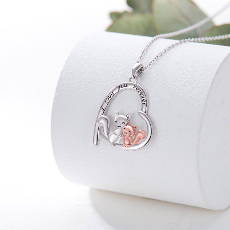 Sterling Silver Two-tone Squirrel & Heart Pendant Necklace with Engraved Word