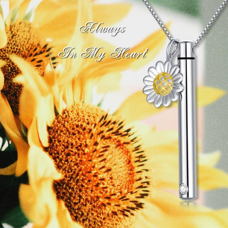 Sterling Silver Two-tone Cubic Zirconia Sunflower & Bar Urn Necklace for Ashes