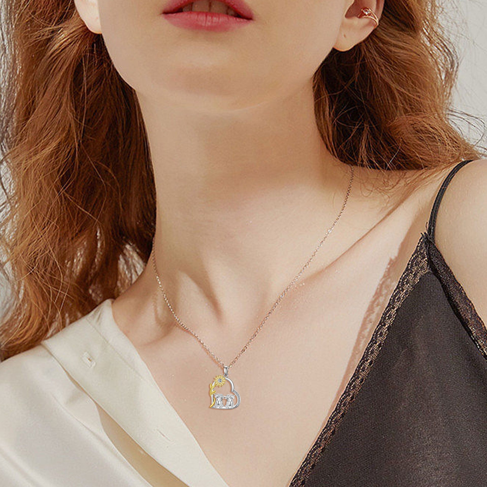 Sterling Silver Two-tone Sunflower Couple Highland Cow Heart Pendant Necklace