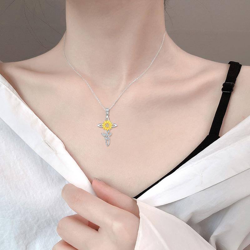 Sterling Silver Two-tone Cubic Zirconia Sunflower & Cross Pendant Necklace
