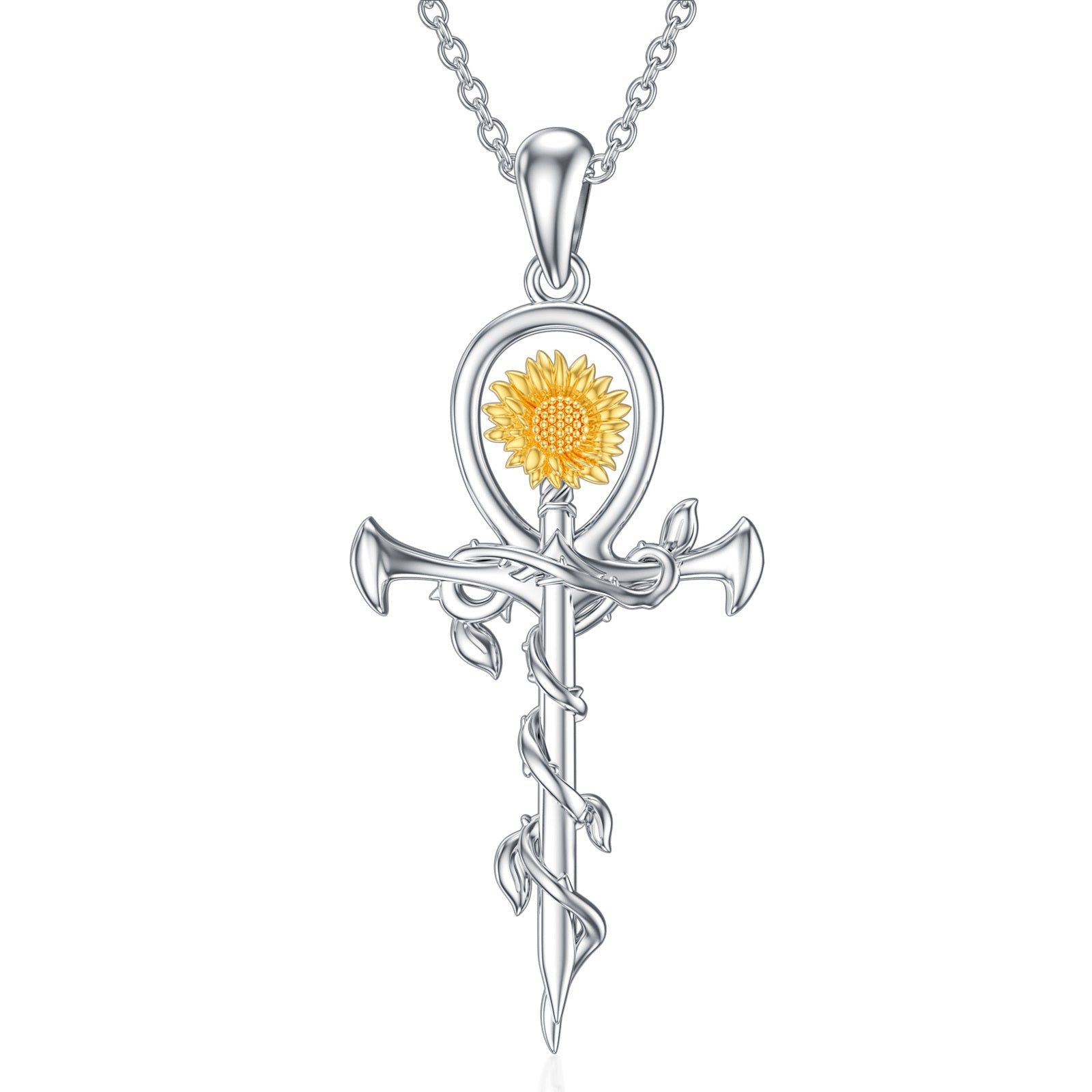 Sterling Silver Two-tone Sunflower & Cross Sword Pendant Necklace
