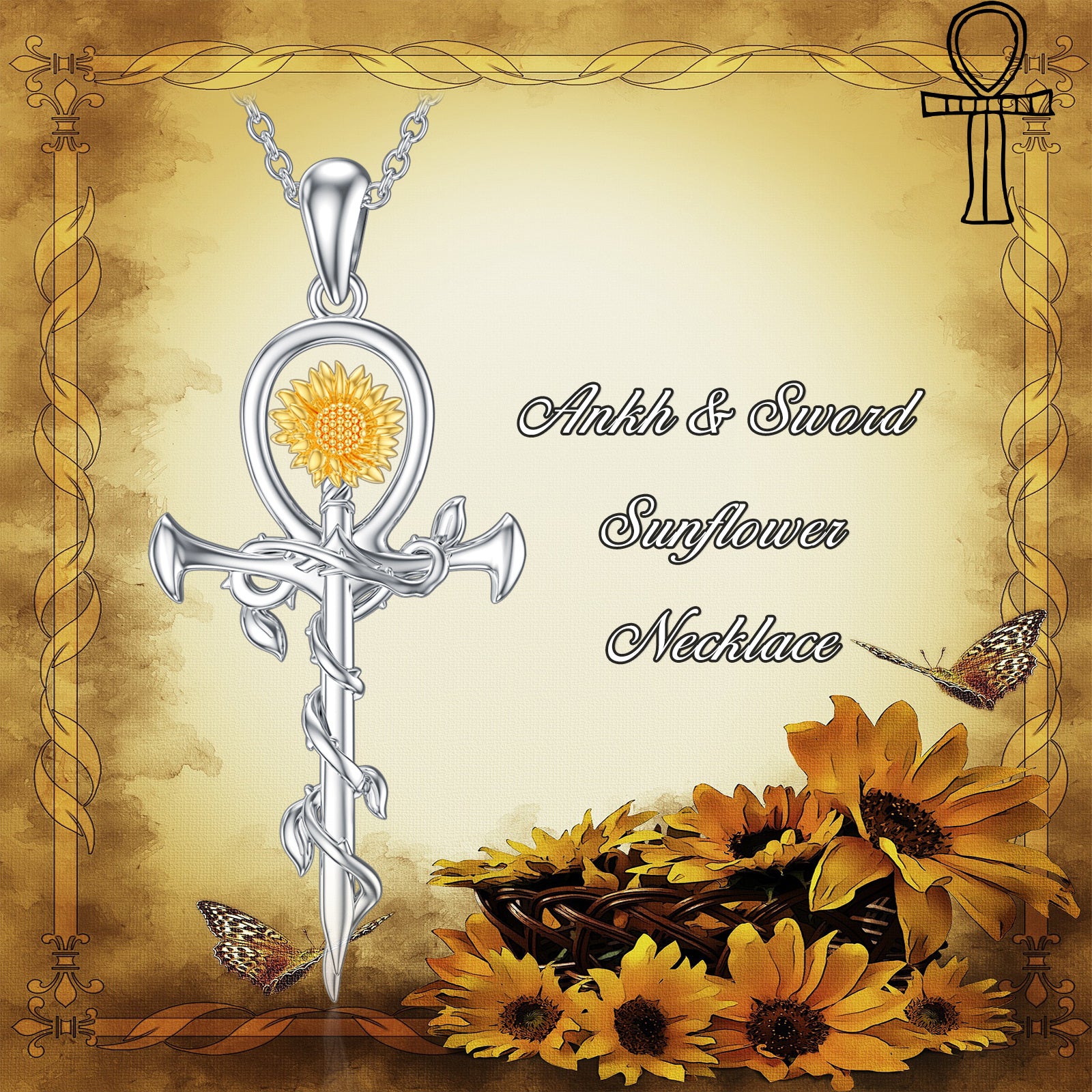 Sterling Silver Two-tone Sunflower & Cross Sword Pendant Necklace