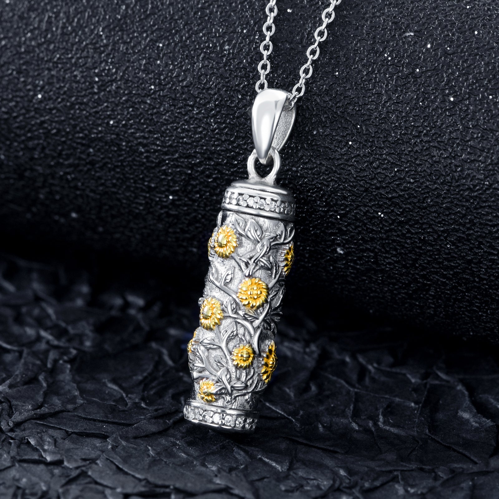Sterling Silver Two-tone Sunflower Cylindrical Urn Necklace for Ashes