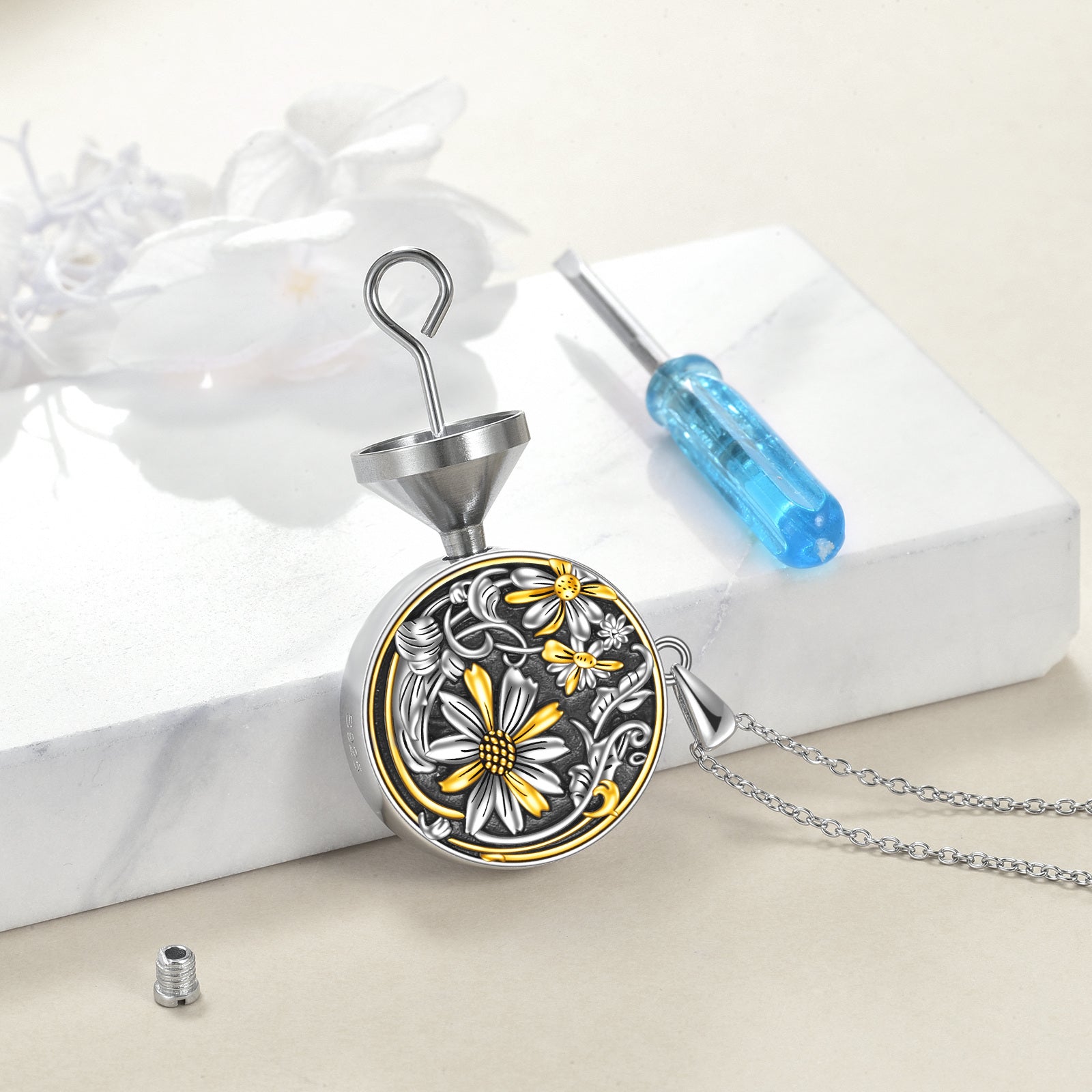 Sterling Silver Two-tone Sunflower Daisy Urn Necklace for Ashes