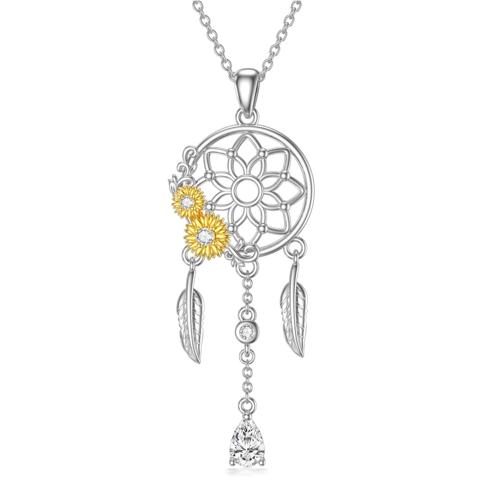Sterling Silver Two-tone Cubic Zirconia Sunflower & Dream Catcher Pendant Necklace