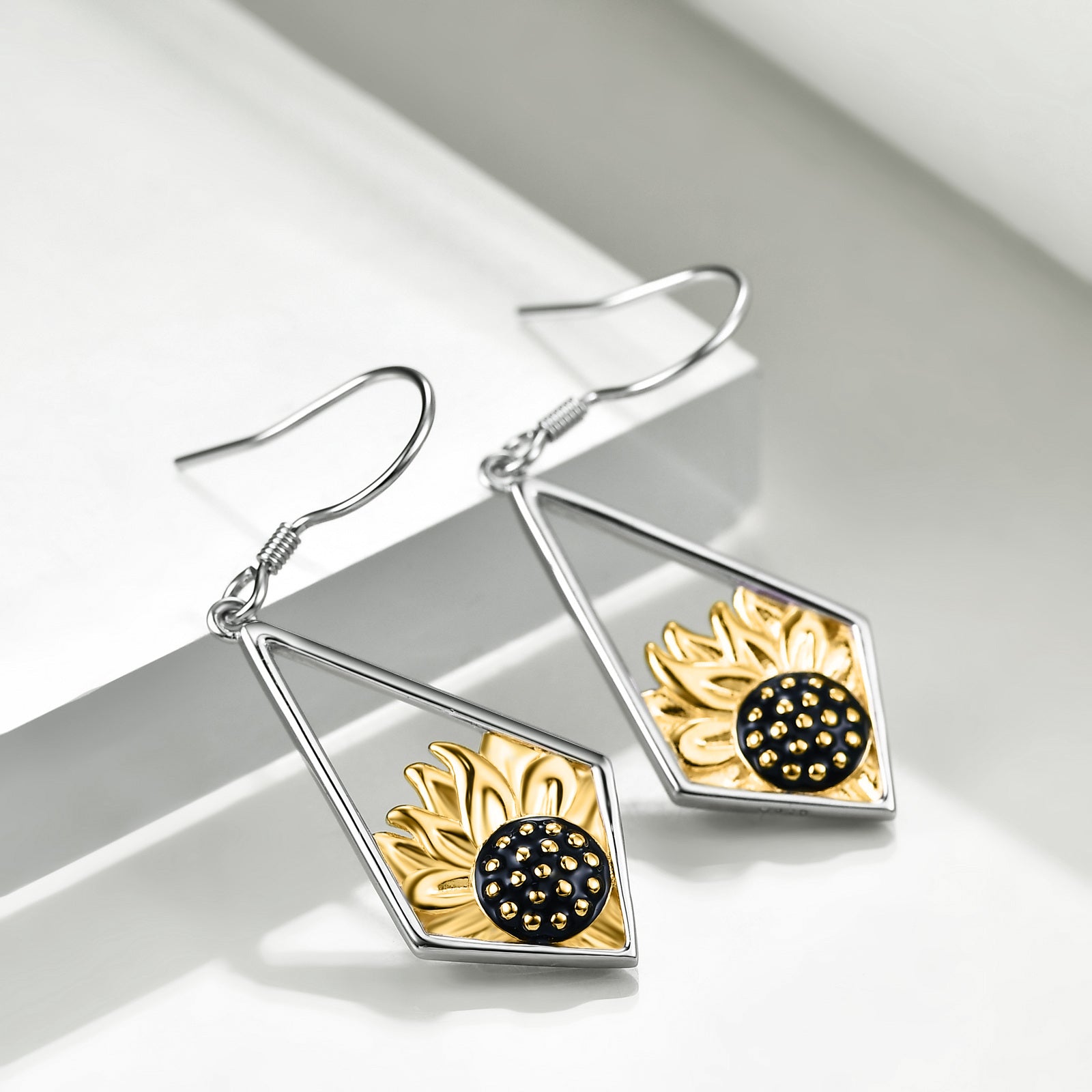 Sterling Silver Two-tone Sunflower Drop Earrings
