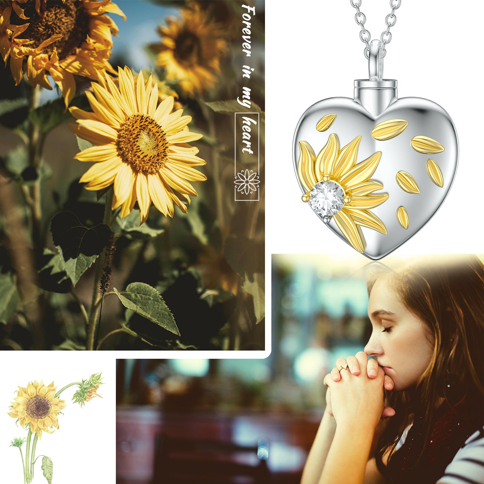 Sterling Silver Two-tone Cubic Zirconia Sunflower & Heart Urn Necklace for Ashes with Engraved Word