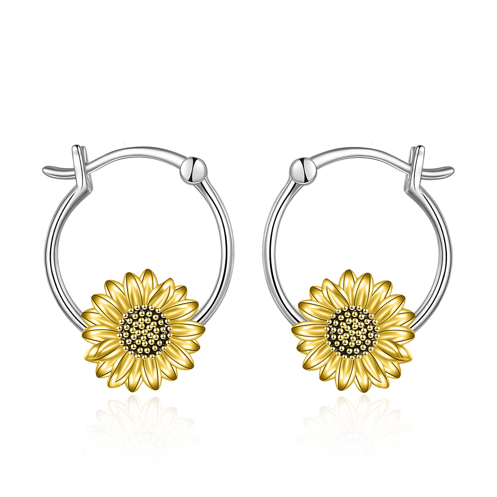Sterling Silver Two-tone Sunflower Hoop Earrings