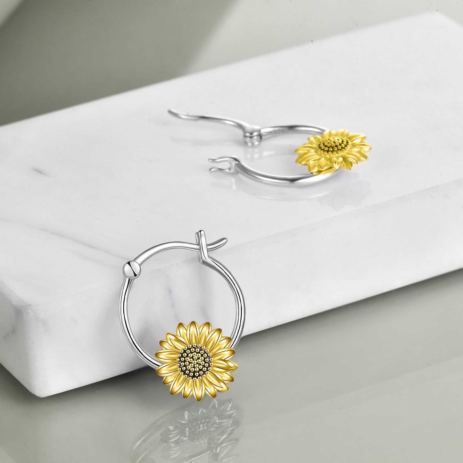 Sterling Silver Two-tone Sunflower Hoop Earrings