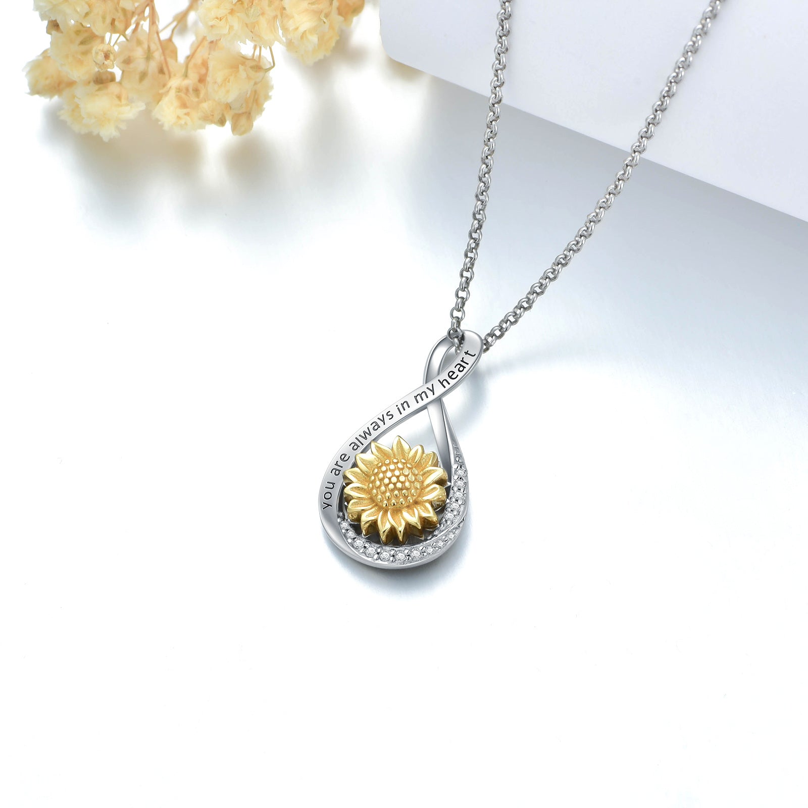 Sterling Silver Two-tone Cubic Zirconia Sunflower & Infinity Symbol Urn Necklace for Ashes with Engraved Word