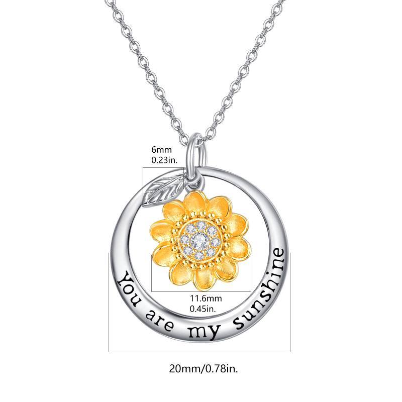 Sterling Silver Two-tone Cubic Zirconia Sunflower Pendant Necklace with Engraved Word